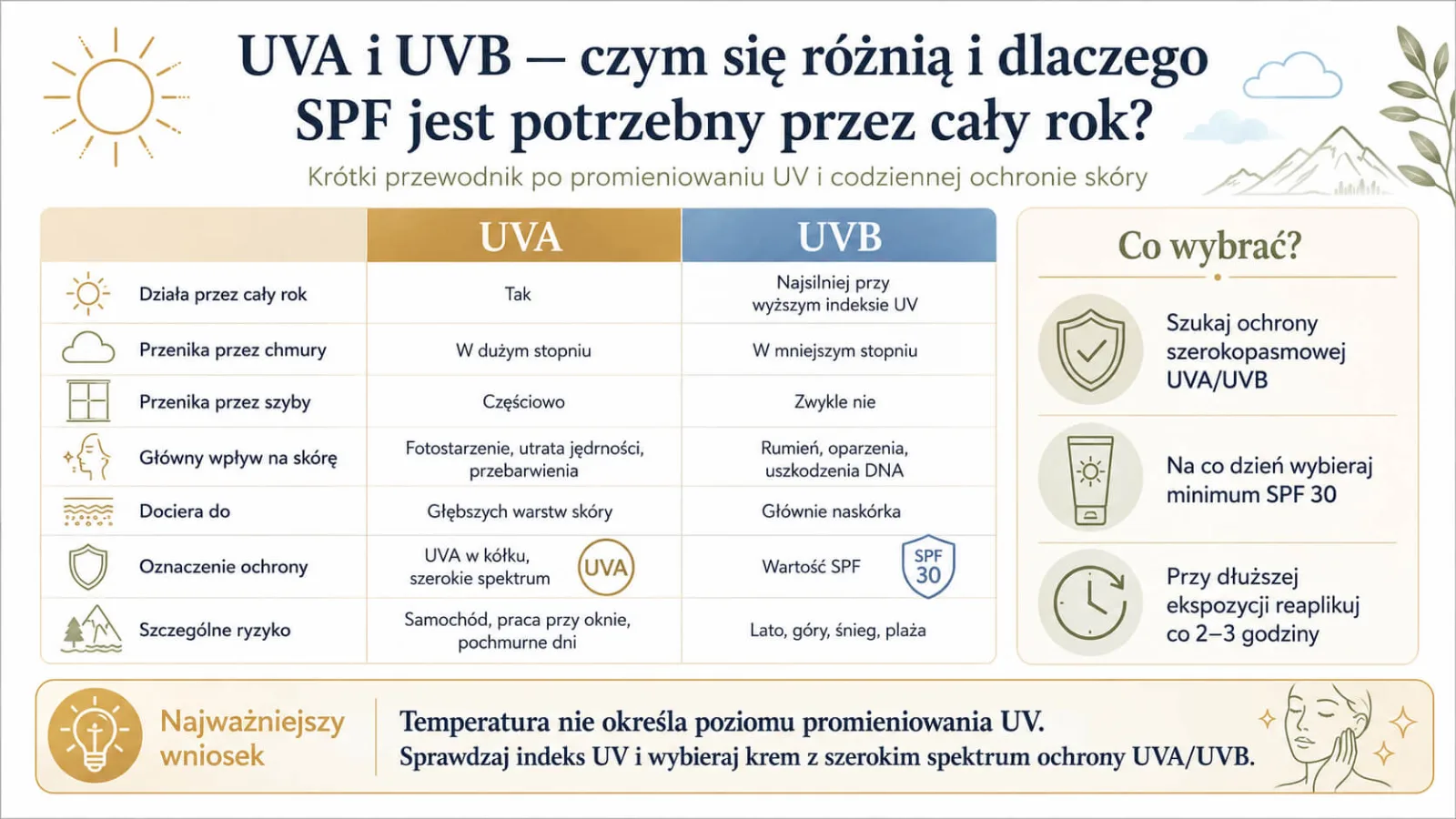 Porównanie promieniowania UVA i UVB oraz zasady całorocznej ochrony skóry kremem z filtrem SPF.