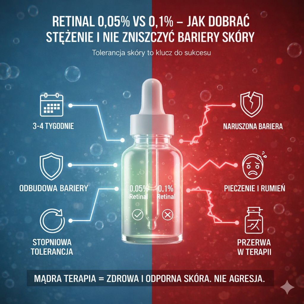 Retinal 0,05% vs 0,1% – jak dobrać stężenie i nie zniszczyć bariery skóry
